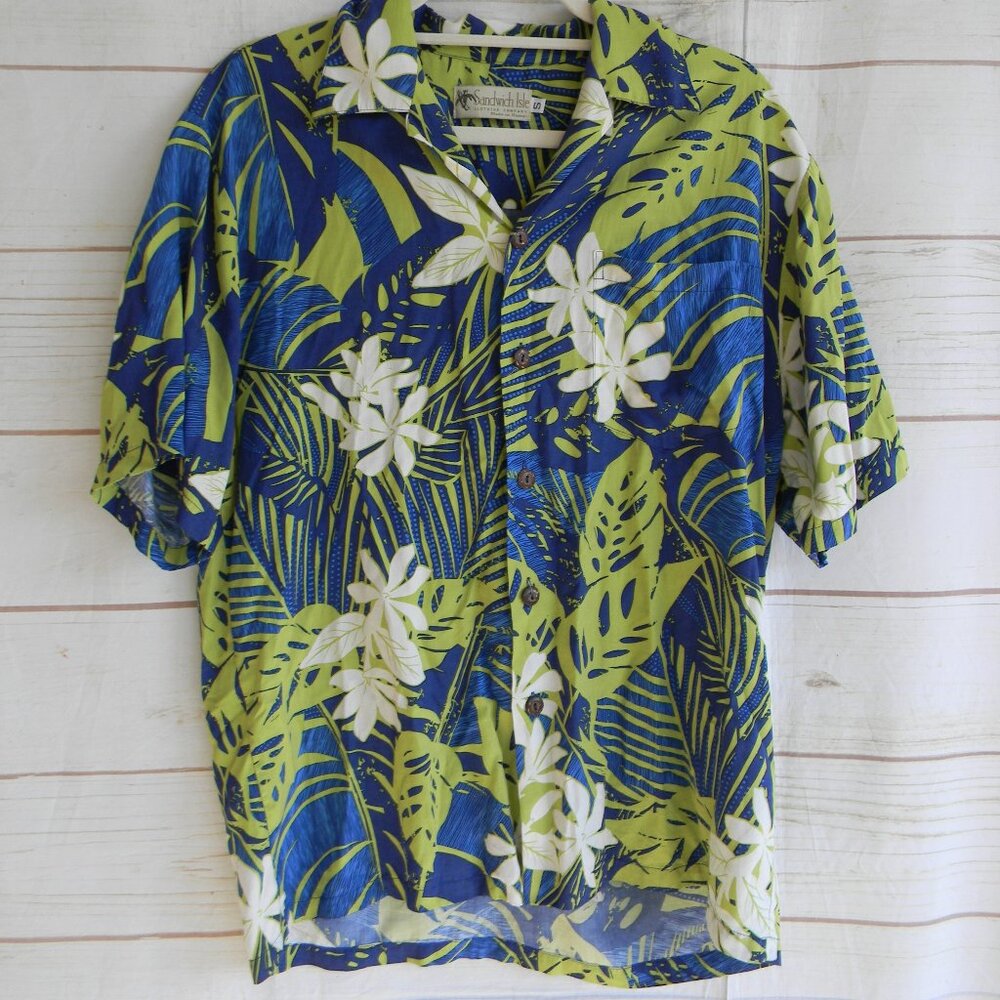VINTAGE 90'S SANDWICH ISLE BLUE/GREEN MADE IN HAWAII HAWAIIAN BUTTON DOWN SZ S